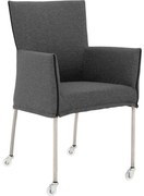 Goossens Eetkamerstoel Funk RVS Poten donkergrijs stof met armleuning en Transparant skater wiel met rvs kapmet wielen, modern design