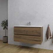 Adema Chaci Badkamermeubelset - 100x46x57cm - 1 ovale keramische wasbak wit - 1 kraangat - 2 lades - noten (hout) SW1212772/SW718718