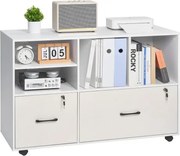 VEVOR Houten archiefkast met 2 lades, mobiele kantoorkast met open planken, afsluitbare zijrolkast met verstelbare planken, printerstandaard voor schoolkantoor, wit