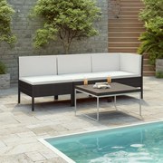 vidaXL 3-delige Loungeset met kussens poly rattan zwart