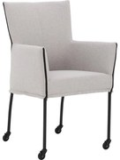 Goossens Eetkamerstoel Funk Zwarte Poten lichtgrijs stof met armleuning en met wielenZwart skater wiel met zwarte kap, modern design
