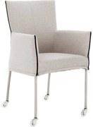 Goossens Eetkamerstoel Funk RVS Poten lichtgrijs stof met armleuning en met wielenTransparant skater wiel met rvs kap, modern design