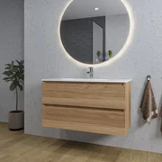 Adema Chaci Badkamermeubelset - 100x46x57cm - 1 ovale keramische wasbak wit - 1 kraangat - 2 lades - ronde spiegel met verlichting - eiken SW1212774/SW718718/SW161922