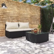 vidaXL 3-delige Loungeset met kussens poly rattan zwart