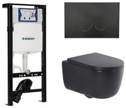 QeramiQ Dely Swirl Toiletset - 36.3x51.7cm - Inbouwreservoir met Geberit UP320 spoelmechanisme - 35mm zitting - mat zwarte metalen bedieningsplaat - ronde knoppen - mat zwart SW1381697/SW706192/SW1000769/SW1026258