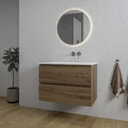 Adema Chaci Badkamermeubelset - 80x46x55cm - 1 keramische wasbak wit - zonder kraangaten - 2 lades - ronde spiegel met verlichting - noten (hout) SW1212764/SW773926/SW108328