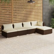 vidaXL 5-delige Loungeset met kussens poly rattan bruin