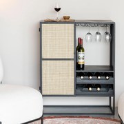 Wijnkast Japandi Zwart Met Rotan - 80x38x100cm.