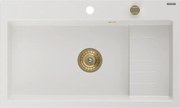 Mexen Omar granieten gootsteen 1-komorige 800 x 480 mm, wit, gouden sifon - 6520801005-20-G