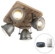 Smart plafondlamp staal met hout incl. 4 WiFi GU10 - Emado Industriele / Industrie / Industrial GU10 vierkant Binnenverlichting Lamp