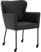 Goossens Excellent Eetkamerstoel Leogang zwart leer met armleuning en Zwart skater wiel met zwarte kapmet wielen, elegant chic