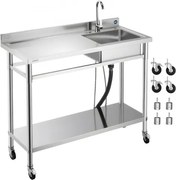 VEVOR RVS spoelbak (1200 x 500 x 1055 mm), enkele kom met kraan en wielen, keukenspoelbak voor garage, restaurant, wasruimte, buitenwasbak met werkblad (links)
