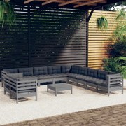 vidaXL 12-delige Loungeset met kussens massief grenenhout grijs