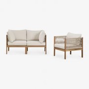 Woonkamerset Met 2-delige Modulaire Bank Met Armleuningen En Fauteuil In Branson Acaciahout Gardenia Wit & Acacia Bruin - Sklum