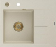 Mexen Ben granitische spoelbak met 1 bak en afdruiprek, links, 600 x 500 mm, beige, gouden sifon - 6522605000-69-G