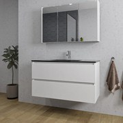 Adema Chaci Badkamermeubelset - 100x46x57cm - 1 keramische wasbak zwart - 1 kraangat - 2 lades - Spiegelkast - mat wit SW718710/SW761656/SW812068/SW812070