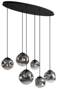 Eettafel / Eetkamer Art Deco hanglamp zwart met ovale plafondplaat en smoke glas 6-lichts - Douglass Art Deco E27 bol / globe / rond Binnenverlichting Lamp