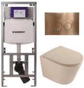 QeramiQ Dely Toiletset - 36.3x51.7cm - diepspoel - rimless - Geberit UP320 inbouwreservoir - softclose toilet zitting - koperen bedieningsplaat - ronde knoppen - mat beige SW1000764/SW1000770/0701131/SW706196
