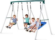 VEVOR tuinschommel met A-vormig metalen frame en twee veiligheidsgordels, schommelzitje (110 x 80 cm), draagvermogen tot 318 kg, buitenschommelset, verstevigd met spiraalvormige grondankers.