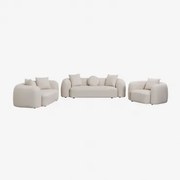 Zitkamer Set Met Modulaire 3-zitsbank, 2-zitsbank En Fauteuil In Coco Chenille Dikke Chenille Stof Wit - Sklum