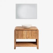 Vacry Houten Badkamermeubelset Acacia Bruin & Rond Cement Wit Ø40 Cm Zavion & Rechthoekige Led En Anticondens 100x70 Cm Riben & Zonder Kraan - Sklum