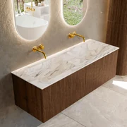 Mondiaz Kurve-dlux 130cm badmeubel walnut met 2 lades en wastafel leaf dubbel zonder kraangat glace