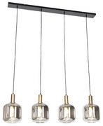 Design hanglamp zwart met goud en smoke glas 4-lichts - Zuzanna