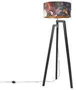 Vloerlamp tripod zwart met kap bloemen dessin 50 cm - Puros Klassiek / Antiek E27 cilinder / rond Binnenverlichting Lamp