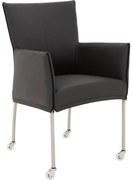 Goossens Eetkamerstoel Funk RVS Poten donkergrijs leer met armleuning en met wielenTransparant skater wiel met rvs kap, modern design