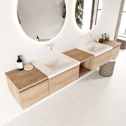 Mondiaz Bukla 240cm badmeubel met open module 40 midden Washed Oak met 4 lades wastafel Cloud dubbel 0 kraangaten Talc