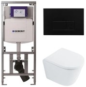 QeramiQ Dely Toiletset - 36.3x51.7cm - diepspoel - rimless - Geberit UP320 inbouwreservoir - met Burda frame - softclose toilet zitting 35 mm - kunstof mat zwarte bedieningsplaat - rechthoekige knoppen - wit glans SW1026255 / SW1159505/0701131/SW706189