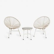 Woonkamerset Met 2 Fauteuils En Bijzettafel Van Staal En Synthetisch Riet New Acapulco Tapioca Beige - Sklum