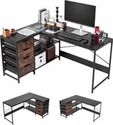 VEVOR Gamingbureau L-vormig 1,5 m, gamerbureau met lades en opbergvakken, computerbureau met een draagvermogen van 68 kg, hoekbureau, hoekwerkplek voor thuiswerkplek