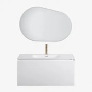 Macrae Zwevend Houten Badkamermeubelset Met Geïntegreerde Wastafel Wit & Ovaal Led En Anticondens 100x80 Cm Riben & Geborsteld Goud - Sklum