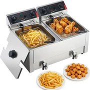 VEVOR Commerciële elektrische frituurpan met 2 kommen, 14 liter, 5000 W, roestvrijstalen tafelmodel met frituurmandjes, deksels, temperatuurregeling, timer en oververhittingsbeveiliging, voor restaurants, snackbars en keukens.