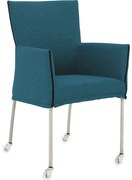 Goossens Eetkamerstoel Funk RVS Poten blauw stof met armleuning en Transparant skater wiel met rvs kapmet wielen, modern design