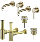 Fortifura Calvi Wastafelkraanset - voor dubbele wastafel - inbouw wastafelkraan - klikwaste plug - design sifon - Geborsteld Messing PVD (Goud) 2x SW720228/2x SW696202/2x SW696213