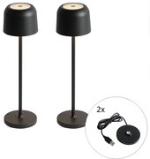 Buitenlamp met dimmer LED Set van 2 tafellamp met dimmeren mushroom zwart incl. laadstation - Raika Modern IP65 Buitenverlichting Lamp