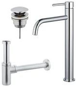 Fortifura Calvi Slim Wastafelkraanset - verhoogde wastafelkraan - klikwaste plug - design sifon - Chroom SW377813/SW696203/SW696209/SW696214