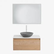 Tedrik Badkamermeubelset In Essenhout Ash Brown & Rond Grijs Cement Ø40 Cm Tarsis & Rechthoekige Led En Anticondens 100x70 Cm Tamsin & Wit - Sklum