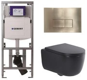 QeramiQ Dely Swirl Toiletset - 36.3x51.7cm - Geberit UP320 Burda inbouwreservoir - 35mm zitting - geborsteld messing bedieningsplaat - rechthoekige knoppen - mat zwart 0701131/SW706201/SW1000769/SW1026258