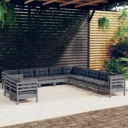 vidaXL 11-delige Loungeset met kussens massief grenenhout grijs