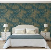 DUTCH WALLCOVERINGS Behang Tropical donkerblauw en goudkleurig