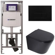 QeramiQ Dely Toiletset - 36.3x51.7cm - diepspoel - rimless - Geberit UP320 inbouwreservoir - softclose toilet zitting 35 mm - kunstof mat zwarte bedieningsplaat - rechthoekige knoppen - mat zwart SW1026253/SW1000769/0701131/SW706189
