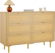 VEVOR Rattan Commode met 6 Laden, Metalen Handgrepen en Poten, Moderne Rattan Kast voor Slaapkamer, Woonkamer, Hal (120 x 39,5 x 85,4 cm) Kledingkast