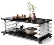 PORTO Zwart Glans/Wit Glans - MODERNE KOFFIETAFEL MET LAMELLEN 2IN1, OP WIELEN/POTEN