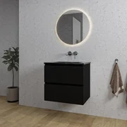 Adema Chaci Badkamermeubelset - 60x46x57cm - 1 keramische wasbak zwart - zonder kraangaten - 2 lades - ronde spiegel met verlichting - mat zwart SW1212760/SW773930/SW108325