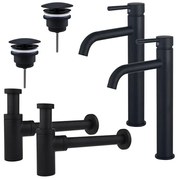 Fortifura Calvi Wastafelkraanset - voor dubbele wastafel - verhoogde wastafelkraan - always open plug - design sifon - Mat zwart 2x SW377834/2x SW696205/2x SW696210