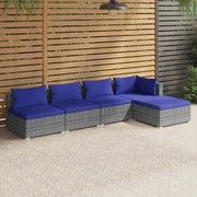 vidaXL 5-delige Loungeset met kussens poly rattan grijs