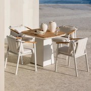 Set Van 90x90 Cm Vierkante Tafel In Aluminium En Inkeri Teakhout En 4 Tuinstoelen In Aluminium En Yervin Bouclé Stof Bouclé Natuurlijke Kleuren -